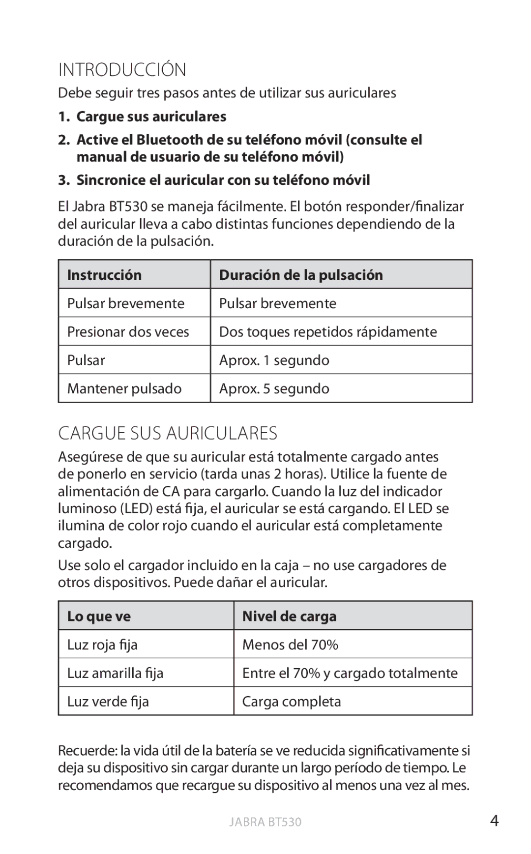 Jabra BT530 user manual Introducción, Cargue SUS Auriculares 