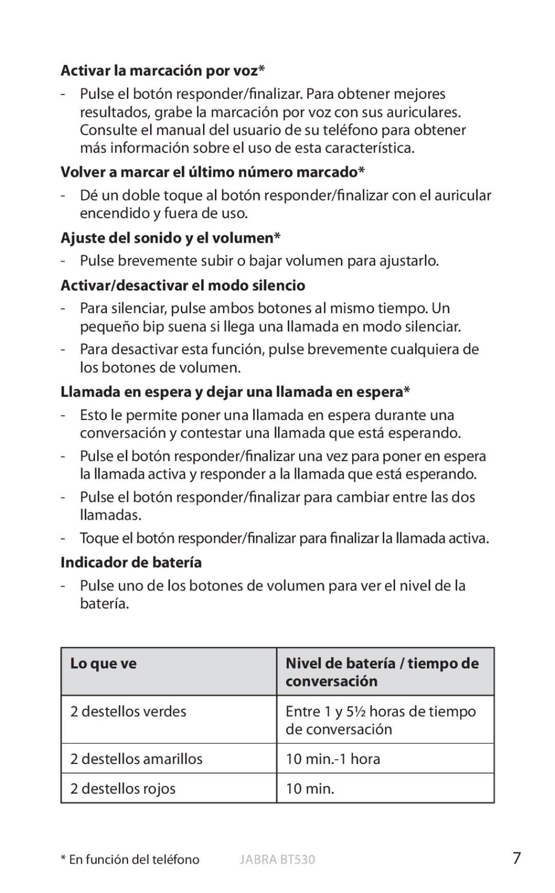 Jabra BT530 Activar la marcación por voz, Volver a marcar el último número marcado, Ajuste del sonido y el volumen 