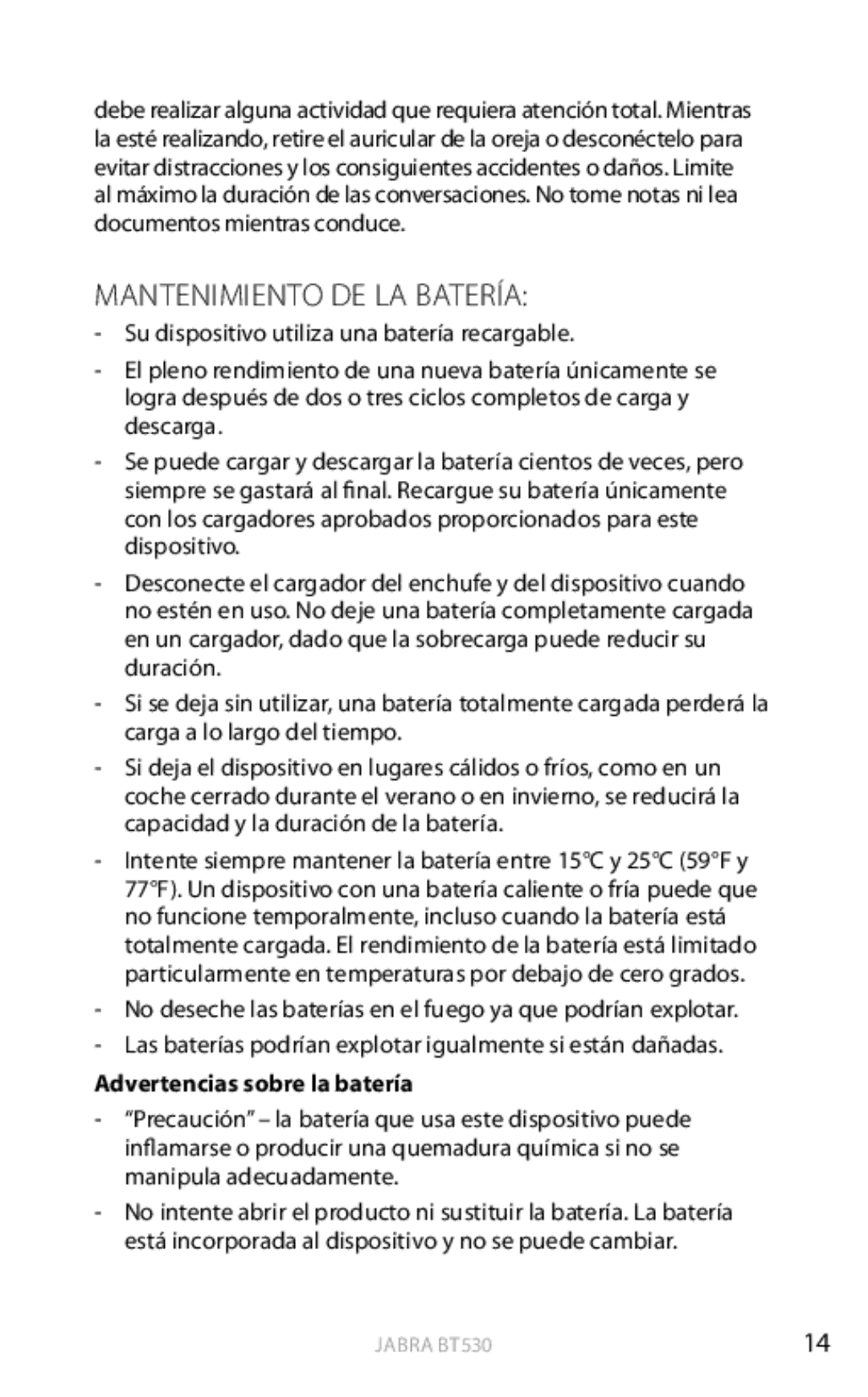 Jabra BT530 user manual Mantenimiento DE LA Batería, Advertencias sobre la batería 