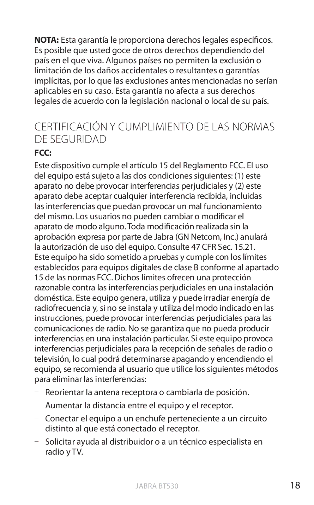 Jabra BT530 user manual Certificación y cumplimiento de las normas de seguridad 