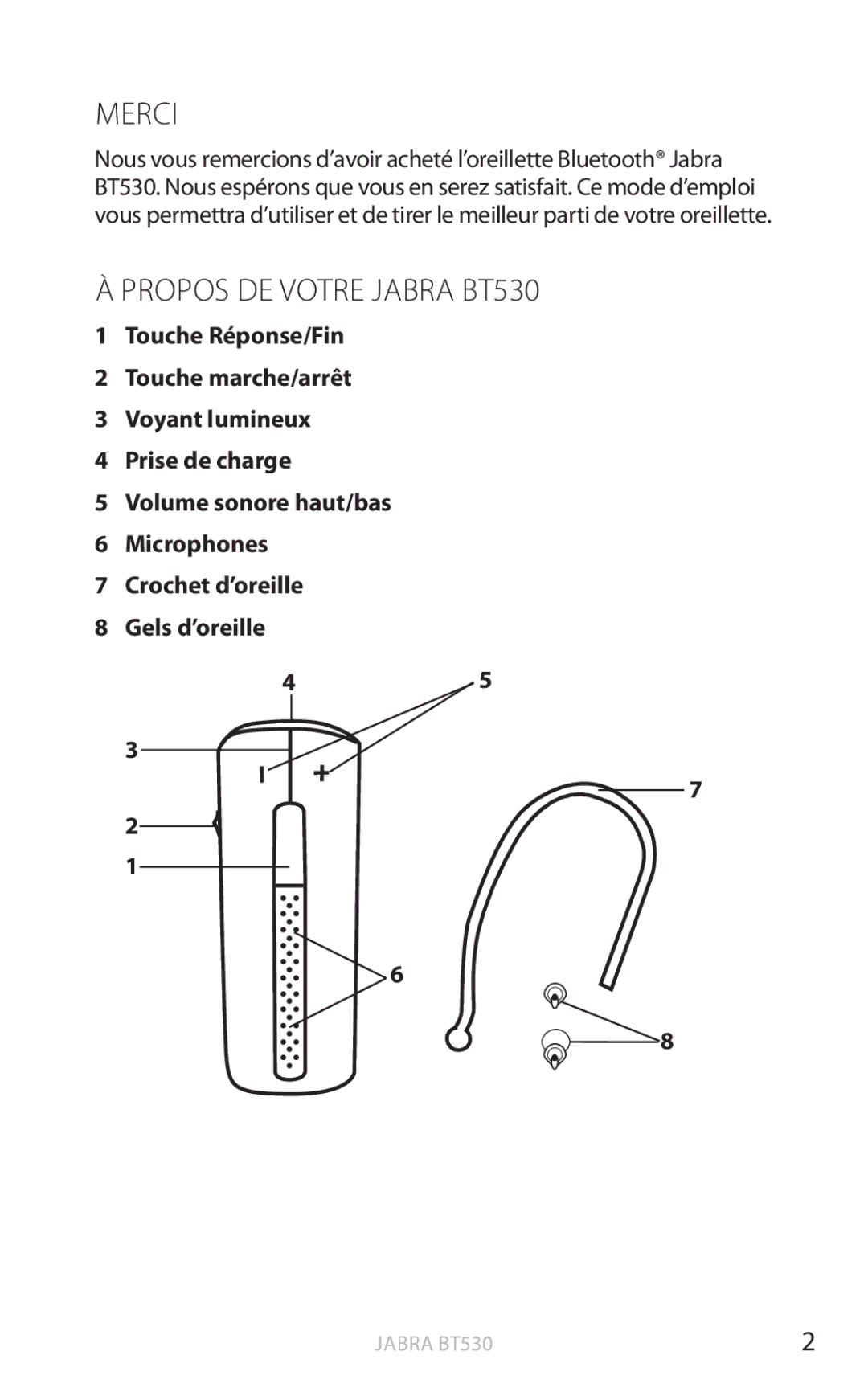 Jabra user manual Merci, Propos DE Votre Jabra BT530 