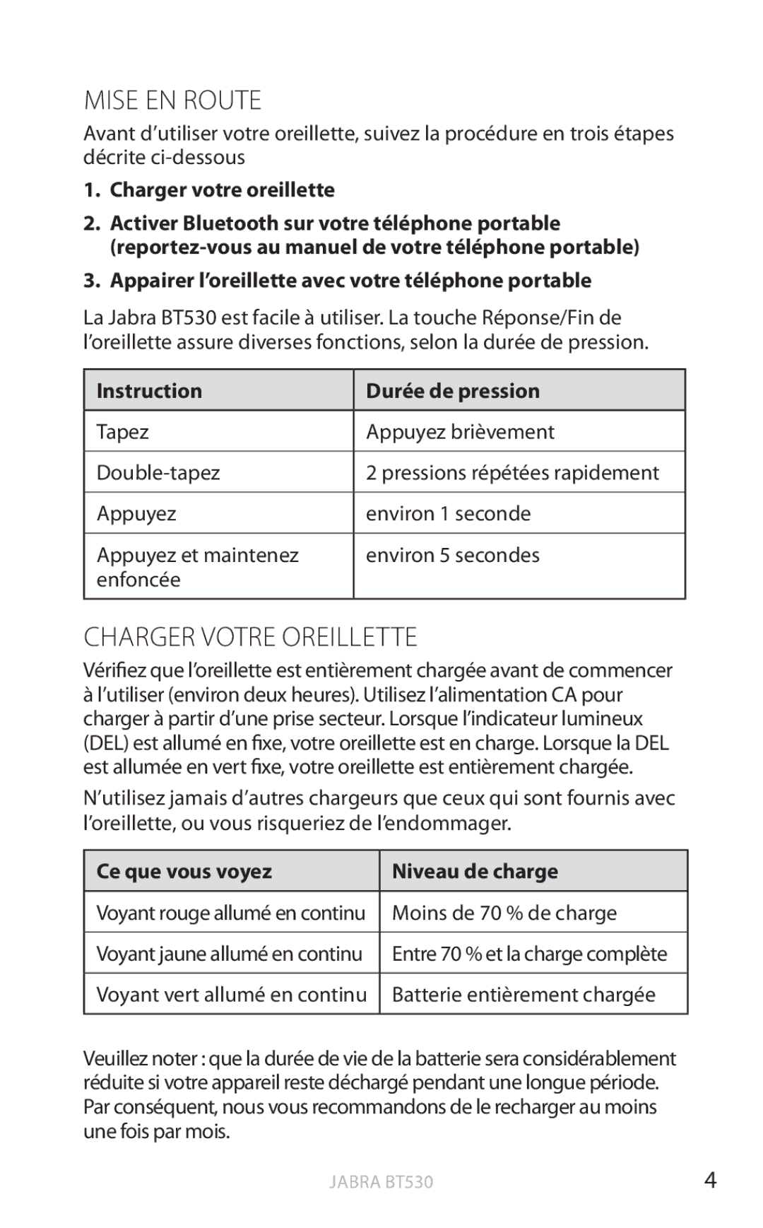 Jabra BT530 user manual Mise EN Route, Charger Votre Oreillette 