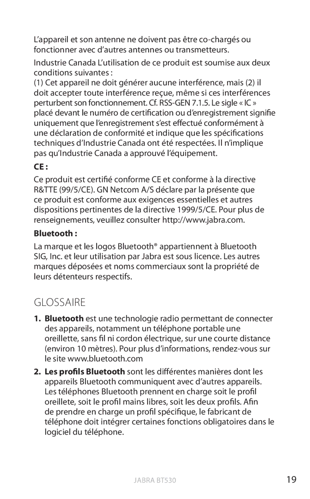 Jabra BT530 user manual Glossaire, Bluetooth 