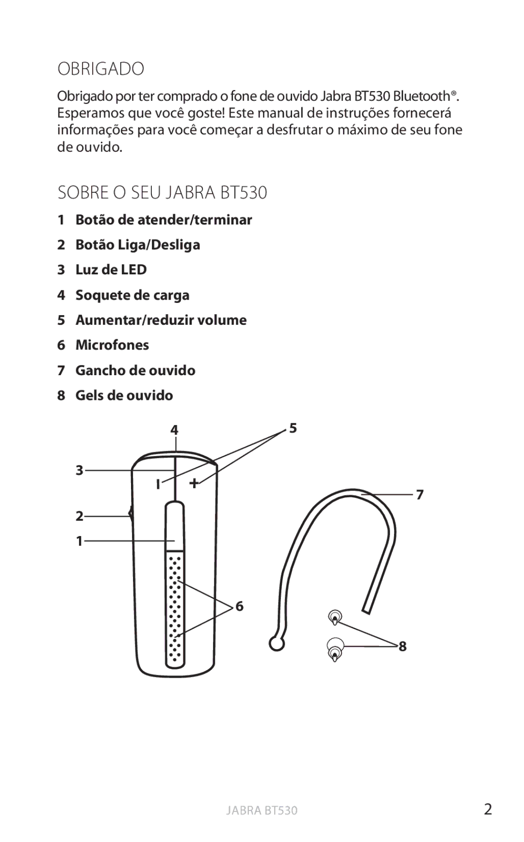 Jabra user manual Obrigado, Sobre O SEU Jabra BT530 