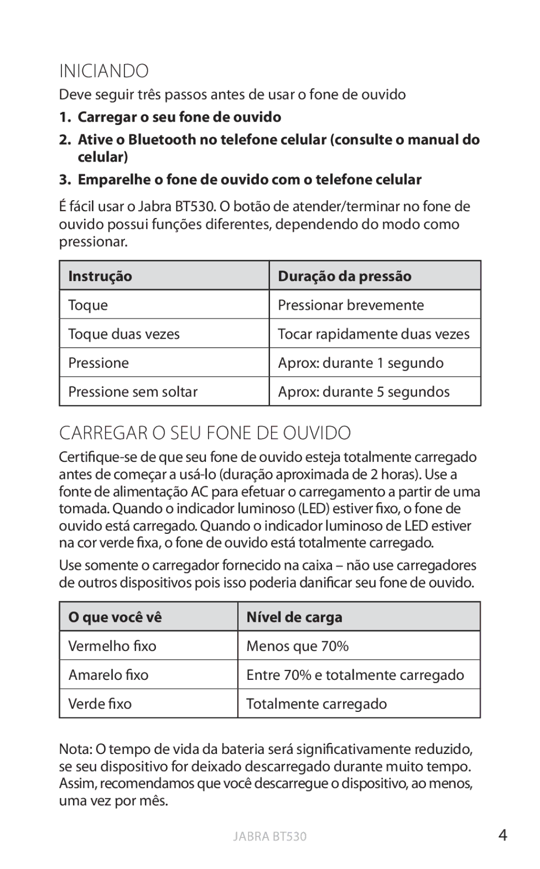 Jabra BT530 user manual Iniciando, Carregar O SEU Fone DE Ouvido, Instrução Duração da pressão, Que você vê Nível de carga 