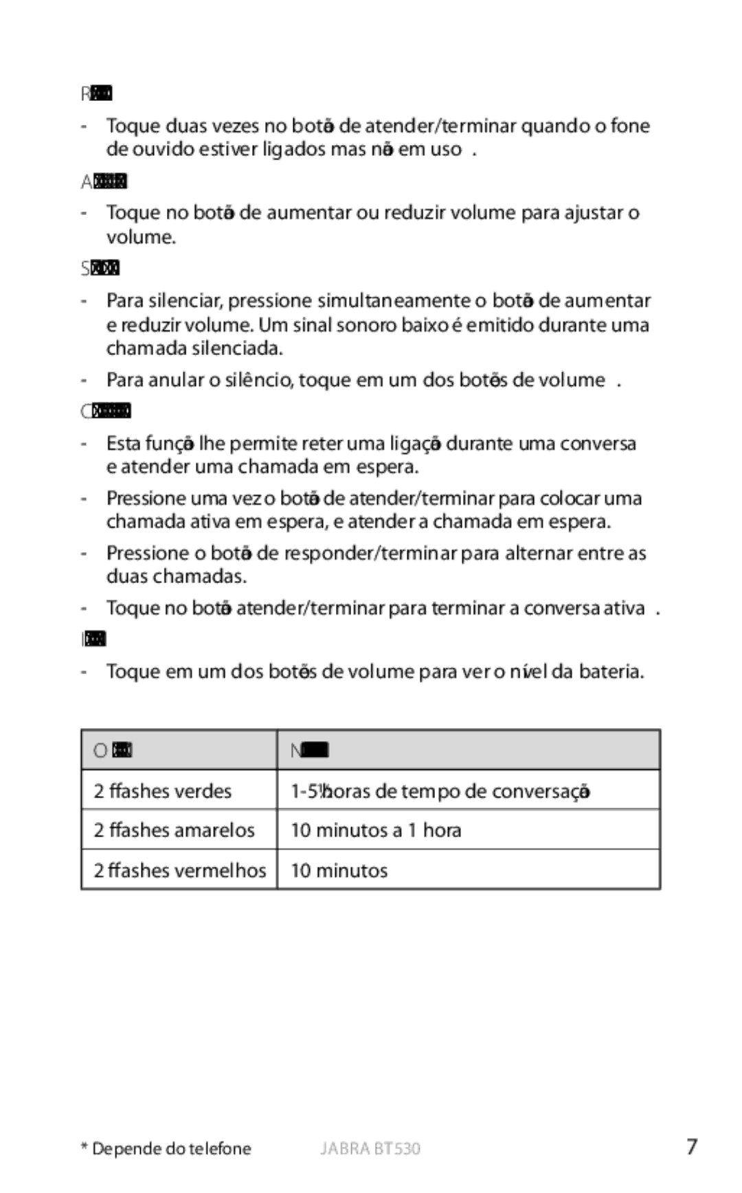 Jabra BT530 Rediscar último número, Ajustar o som e o volume, Silenciar/Anular silêncio, Indicador de bateria, Que você vê 