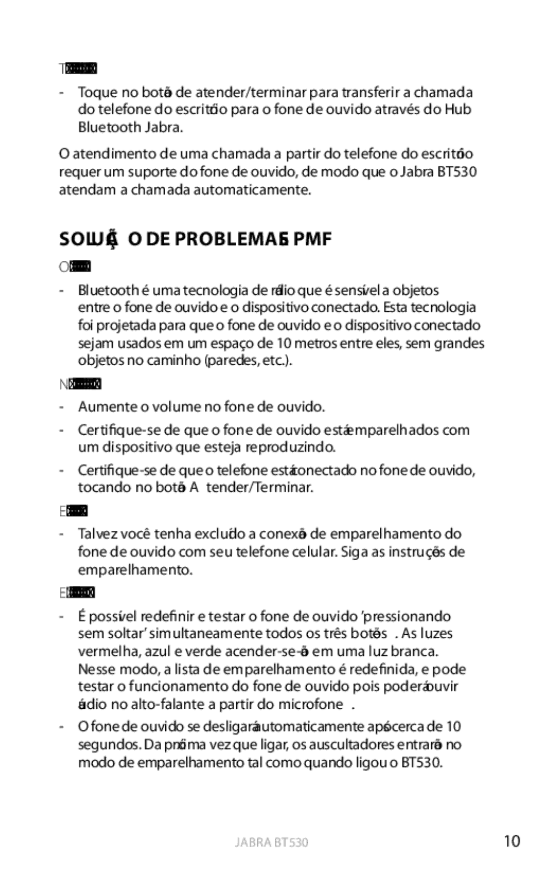 Jabra BT530 user manual Solução DE Problemas E PMF 