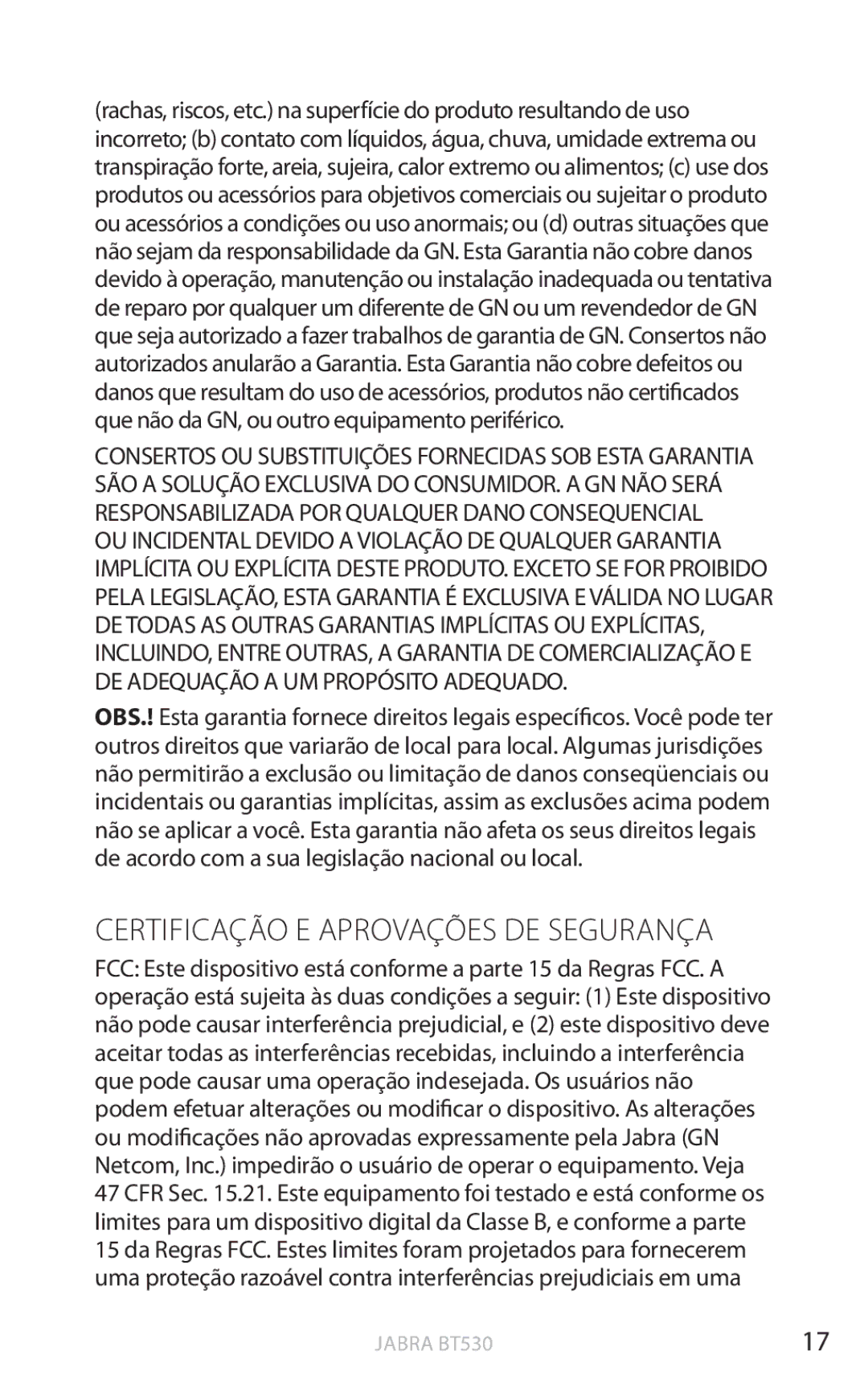 Jabra BT530 user manual Certificação E Aprovações DE Segurança 