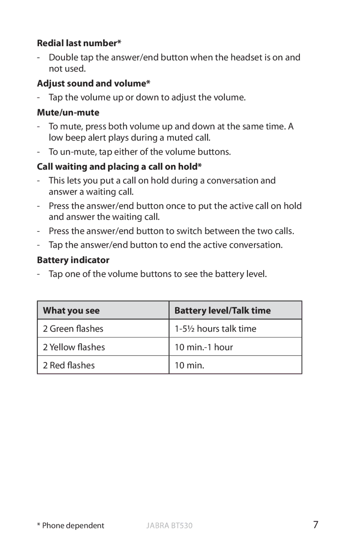 Jabra BT530 user manual Redial last number, Adjust sound and volume, Mute/un-mute, Call waiting and placing a call on hold 