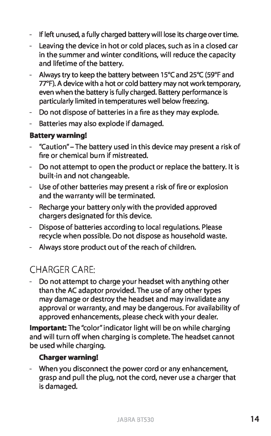 Jabra BT530 user manual Charger Care, Battery warning, Charger warning, english 