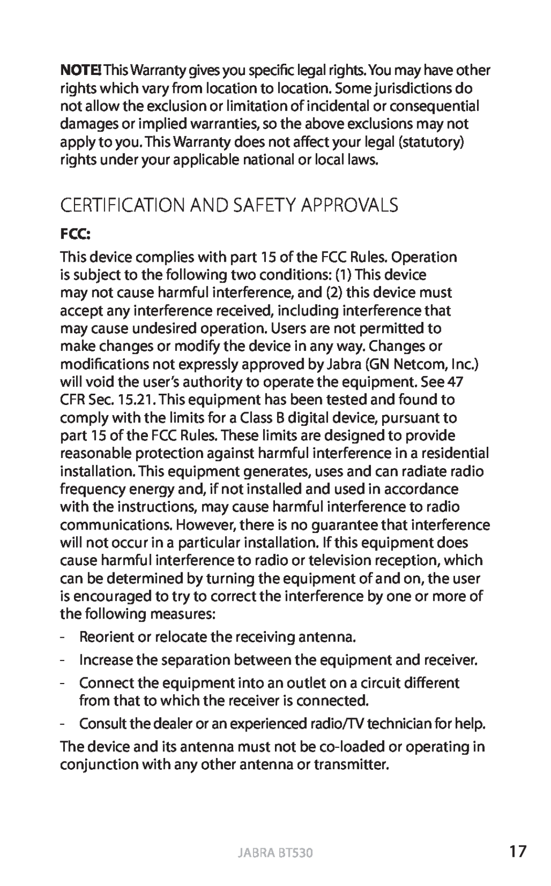 Jabra BT530 user manual Certification and safety approvals, english 