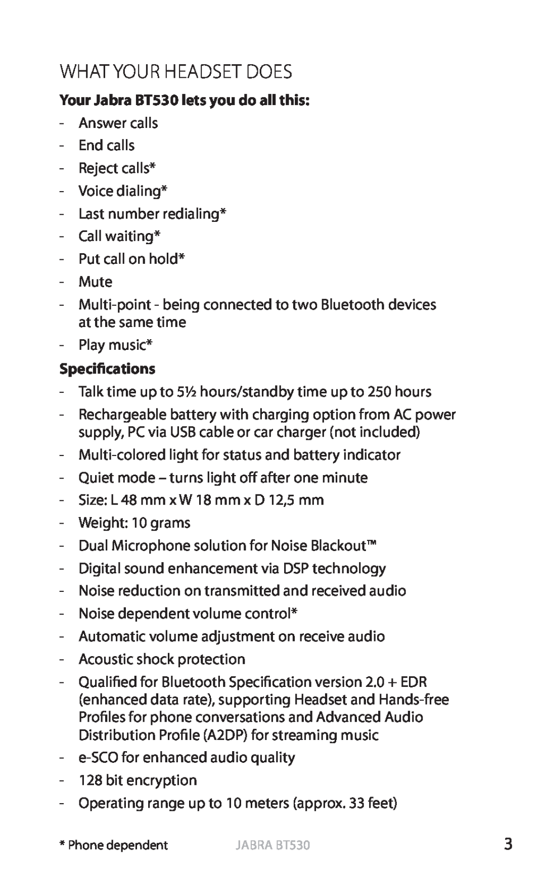 Jabra user manual What your headset does, Your Jabra BT530 lets you do all this, Specifications, english 