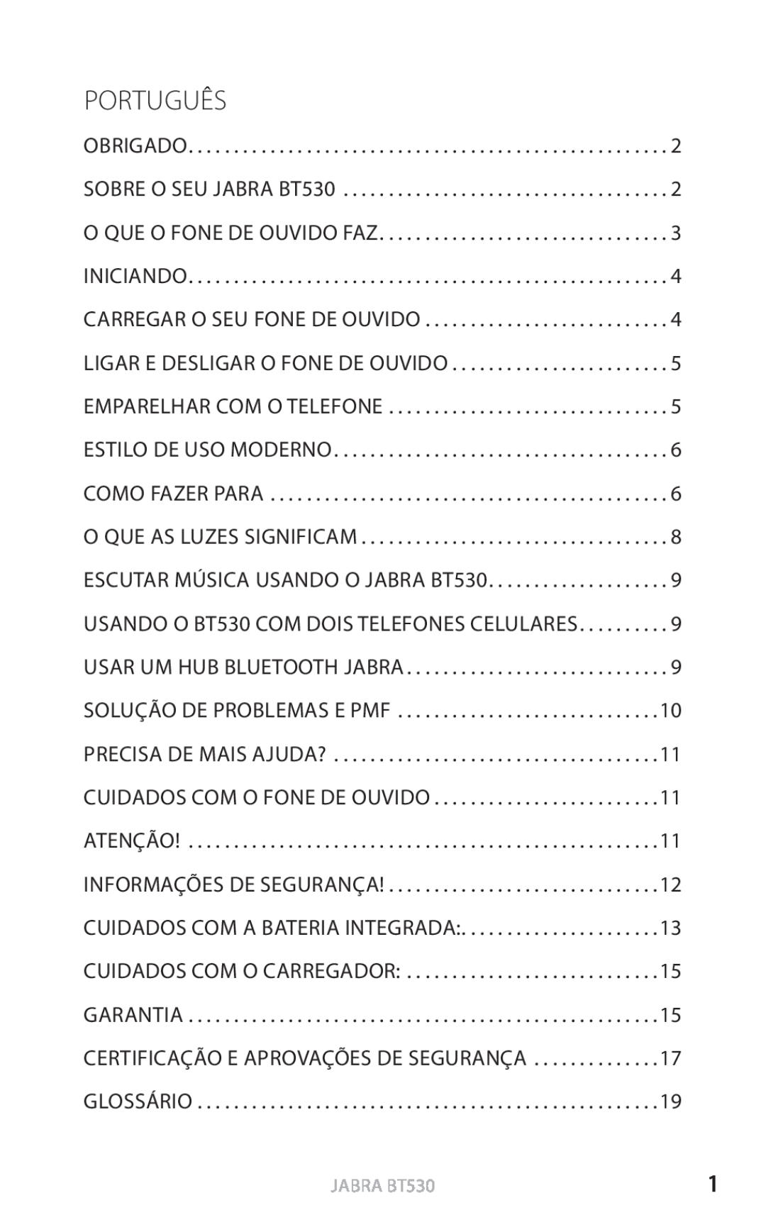 Jabra BT530 user manual Português 