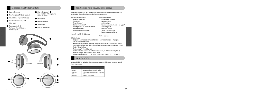 Jabra BT620s user manual Fonctions de téléphonie Fonctions musicales, Poids 100 g 3,53 oz Portée jusqu’à 10 m 33 pieds 