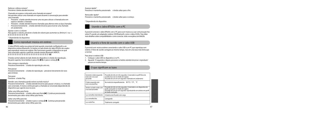 Jabra BT620s user manual Como reproduzir música em estéreo, Que significam as luzes 