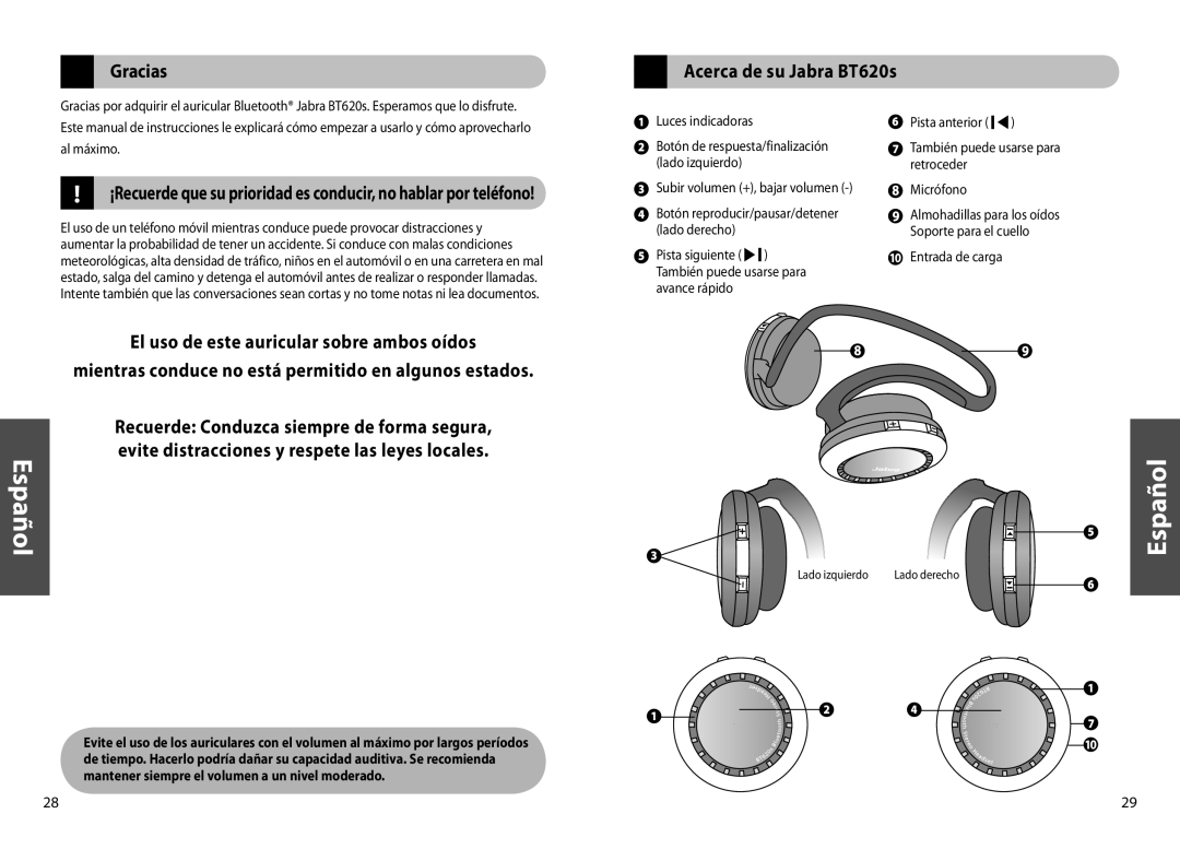 Jabra Gracias, Acerca de su Jabra BT620s, El uso de este auricular sobre ambos oídos, Español, Lado izquierdo 
