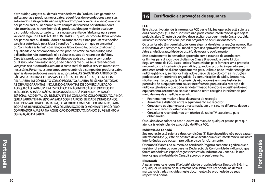 Jabra BT620s user manual 16Certificação e aprovações de segurança, Português, Indústria do Canadá, Bluetooth 