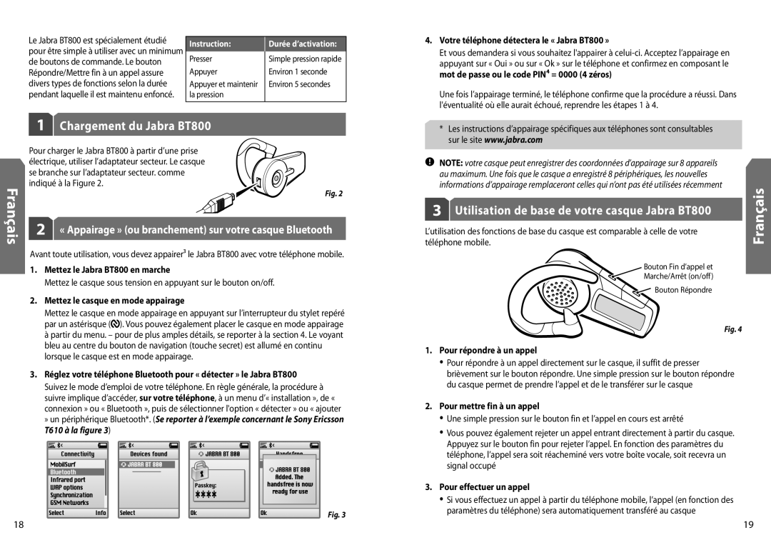 Jabra user manual Chargement du Jabra BT800, Utilisation de base de votre casque Jabra BT800 