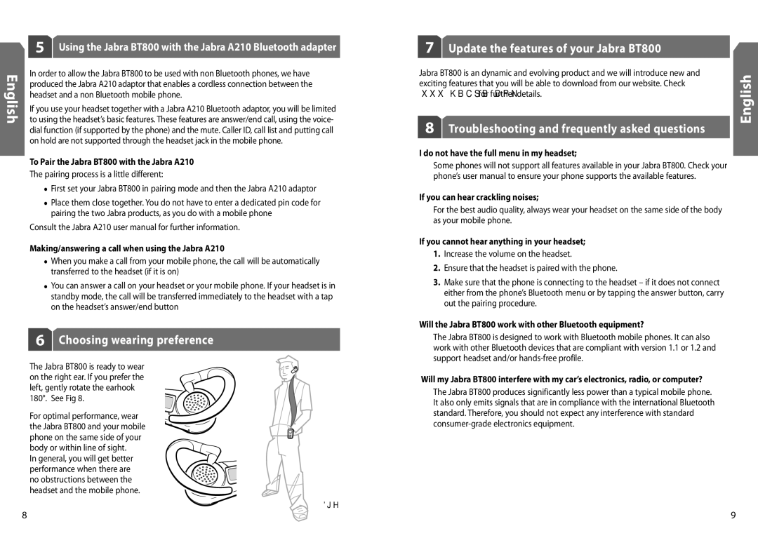 Jabra user manual Choosing wearing preference, To Pair the Jabra BT800 with the Jabra A210 