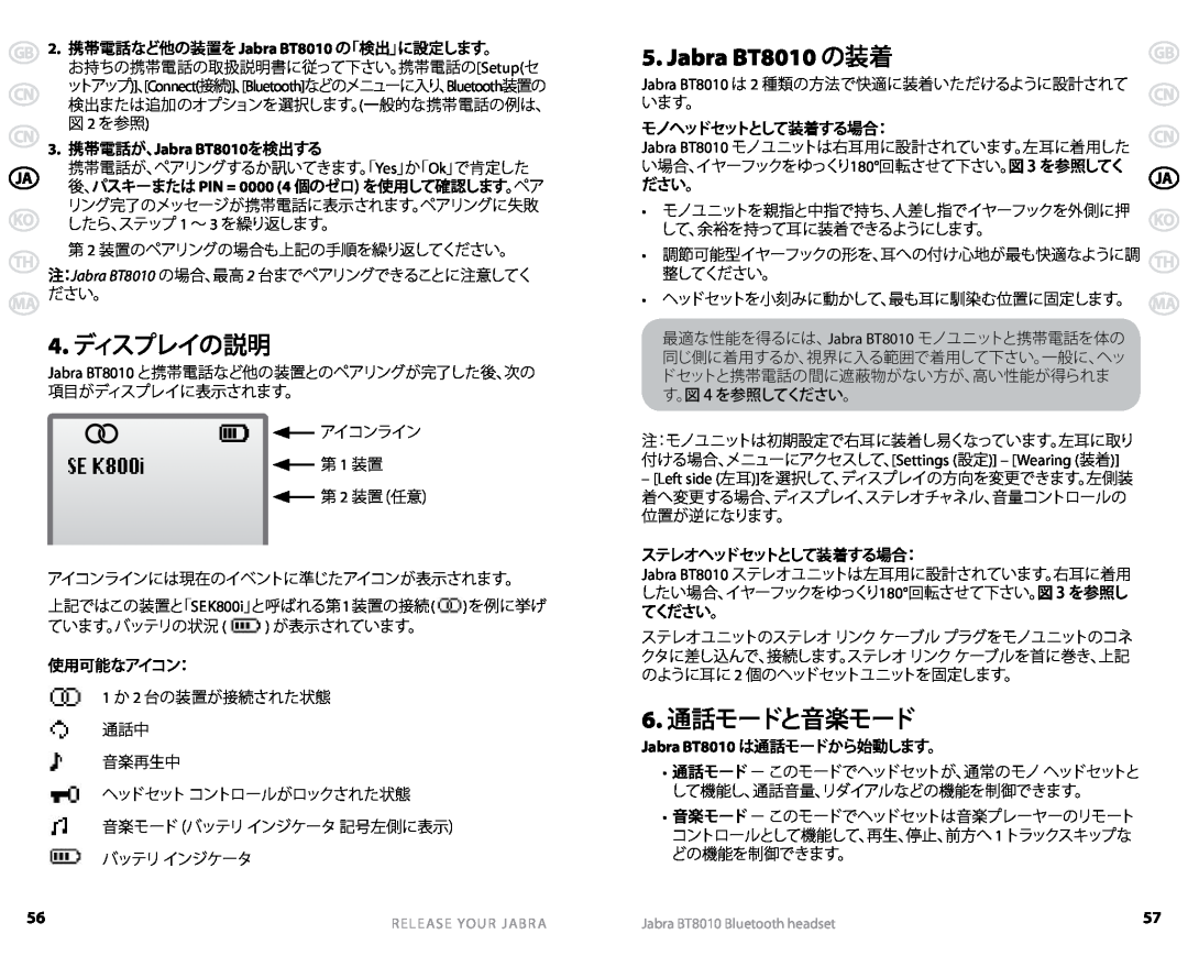Jabra user manual 4.ディスプレイの説明, Jabra BT8010 の装着, 6.通話モードと音楽モード 