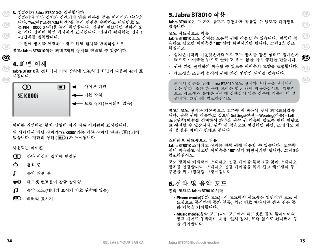 Jabra user manual 4.화면 이해, Jabra BT8010 착용, 6. 전화 및 음악 모드 