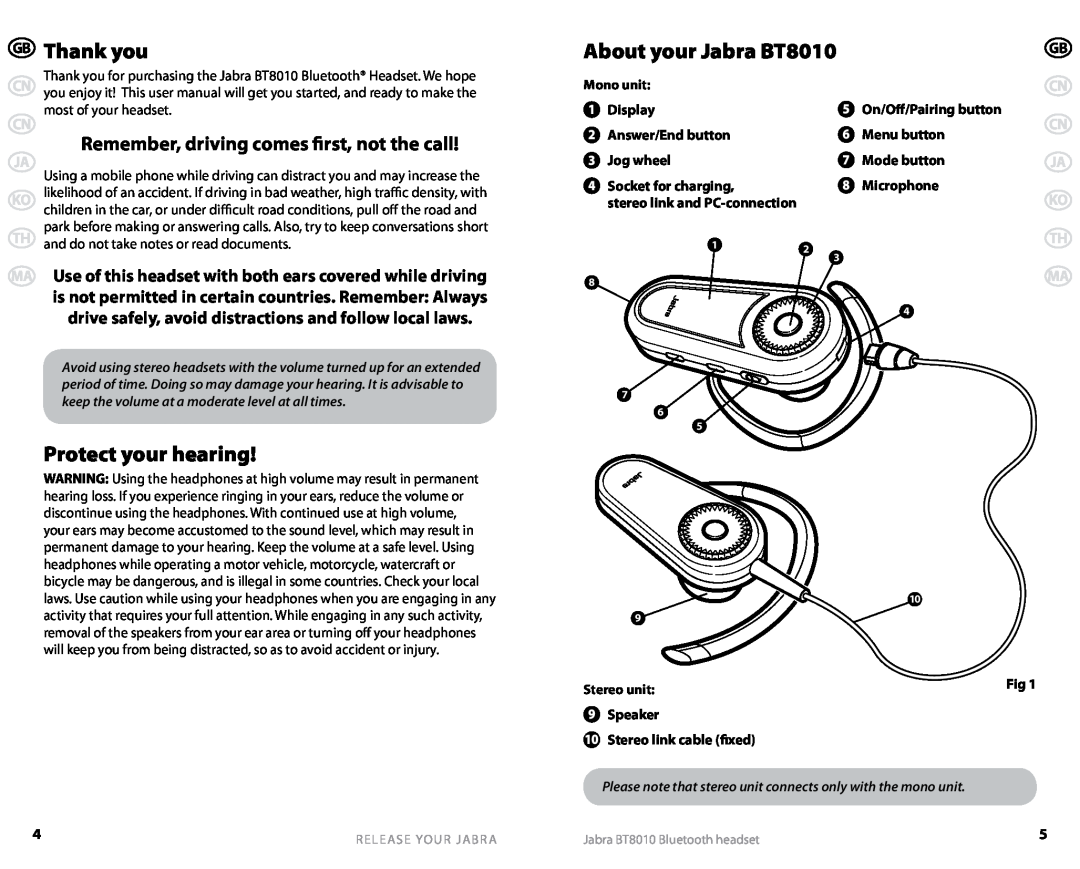 Jabra user manual Thank you, Protect your hearing, Remember, driving comes first, not the call, About your Jabra BT8010 