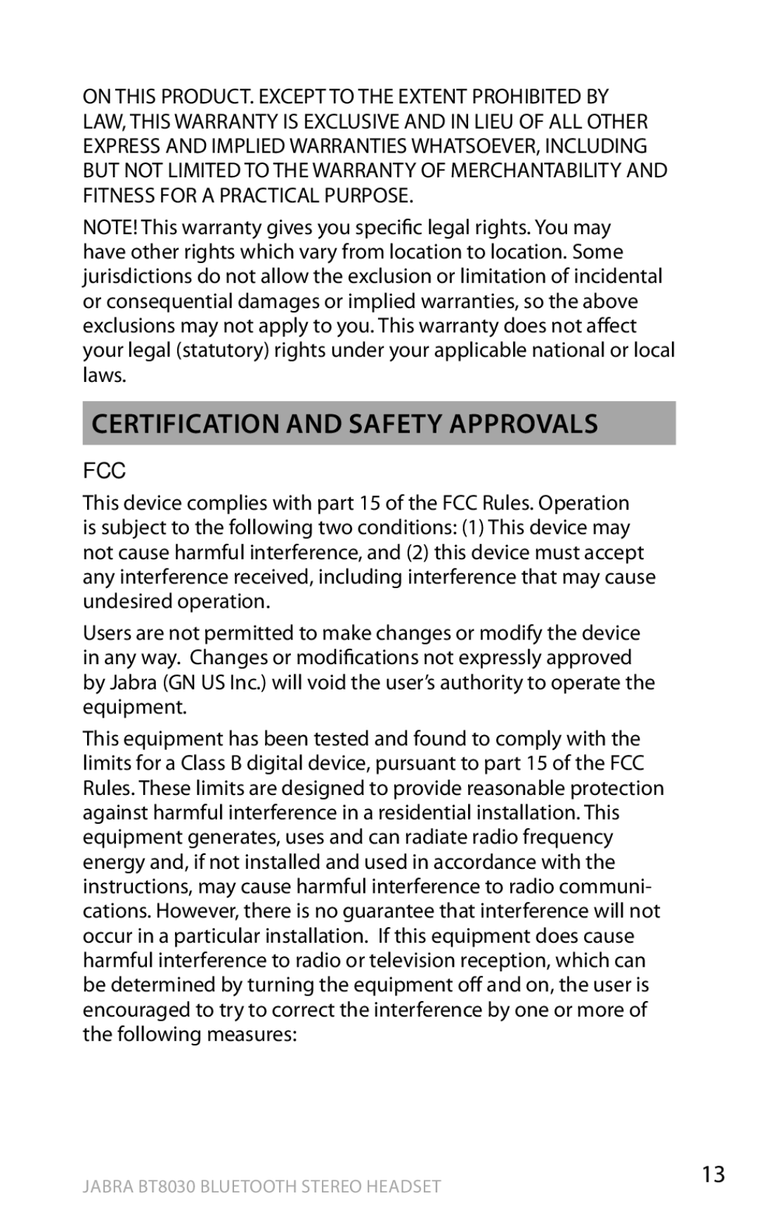 Jabra BT8030 manual Certification and safety approvals, Fcc 