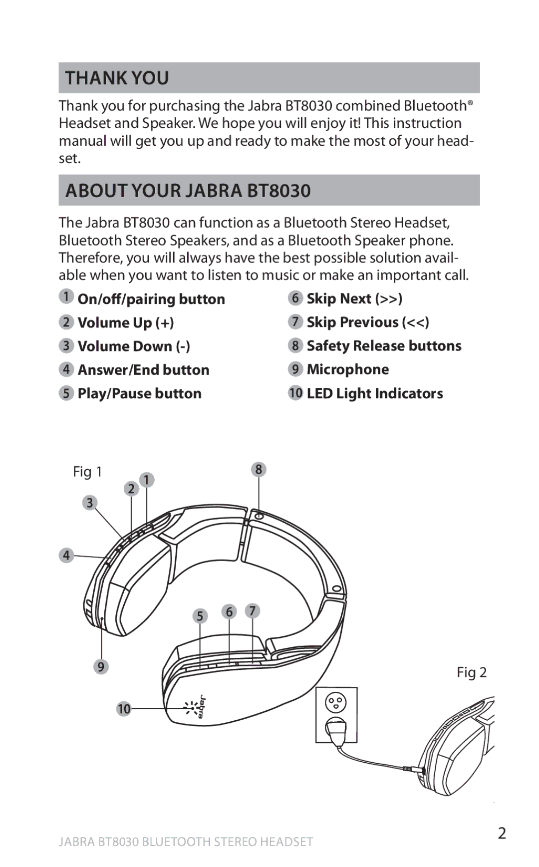 Jabra manual Thank you About your Jabra BT8030 