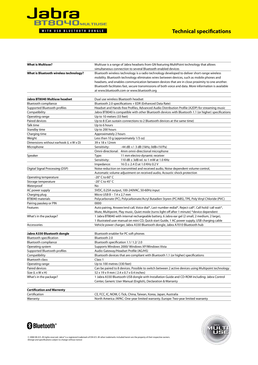 Jabra manual What is Multiuse?, Jabra BT8040 Multiuse headset, Jabra A330 Bluetooth dongle, Certification and Warrenty 