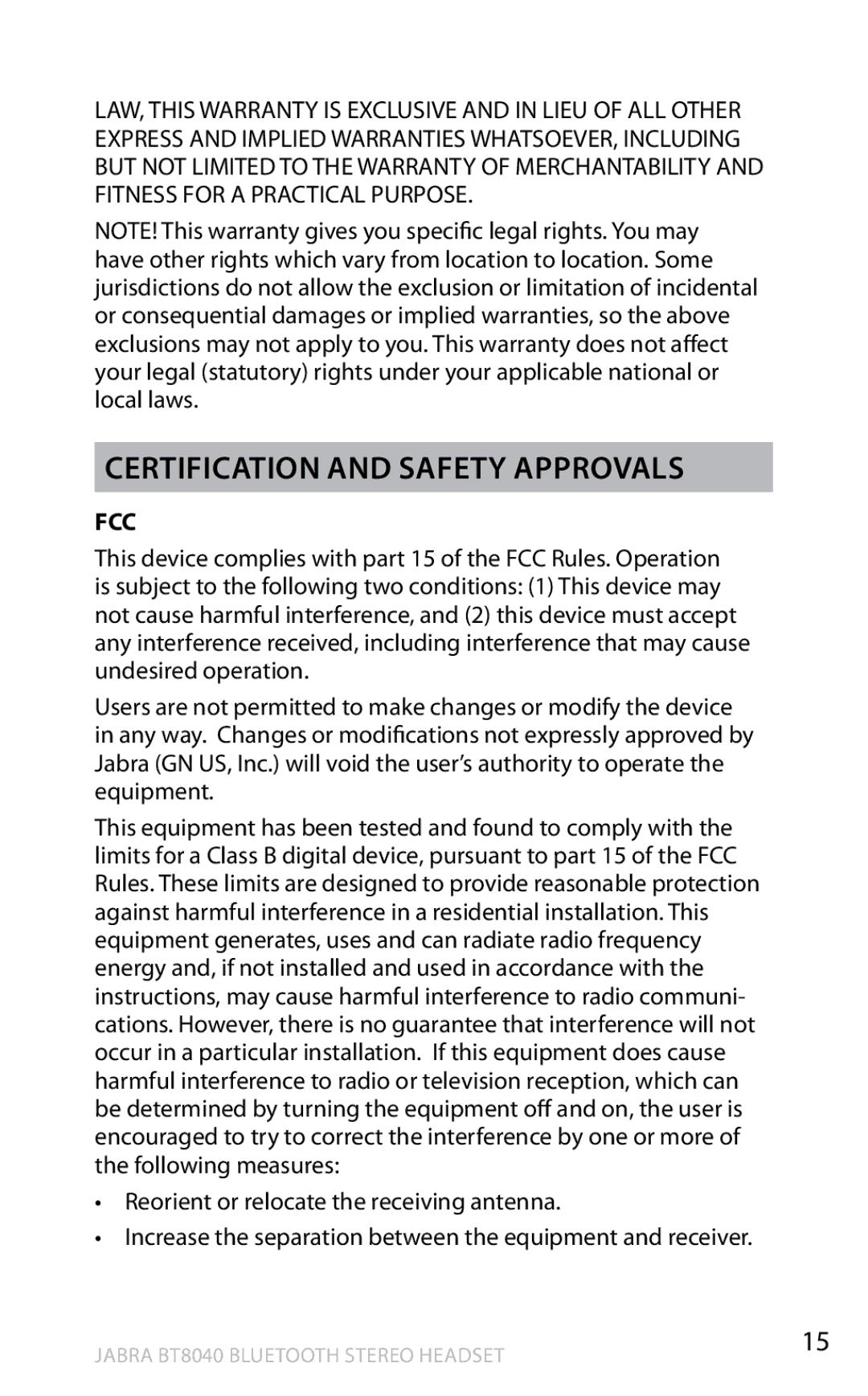 Jabra BT8040 user manual Certification and safety approvals, Fcc 