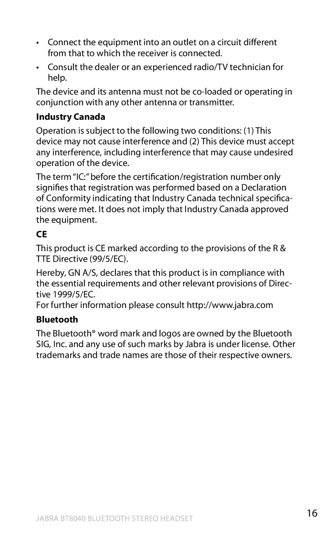 Jabra BT8040 user manual Industry Canada, Bluetooth 