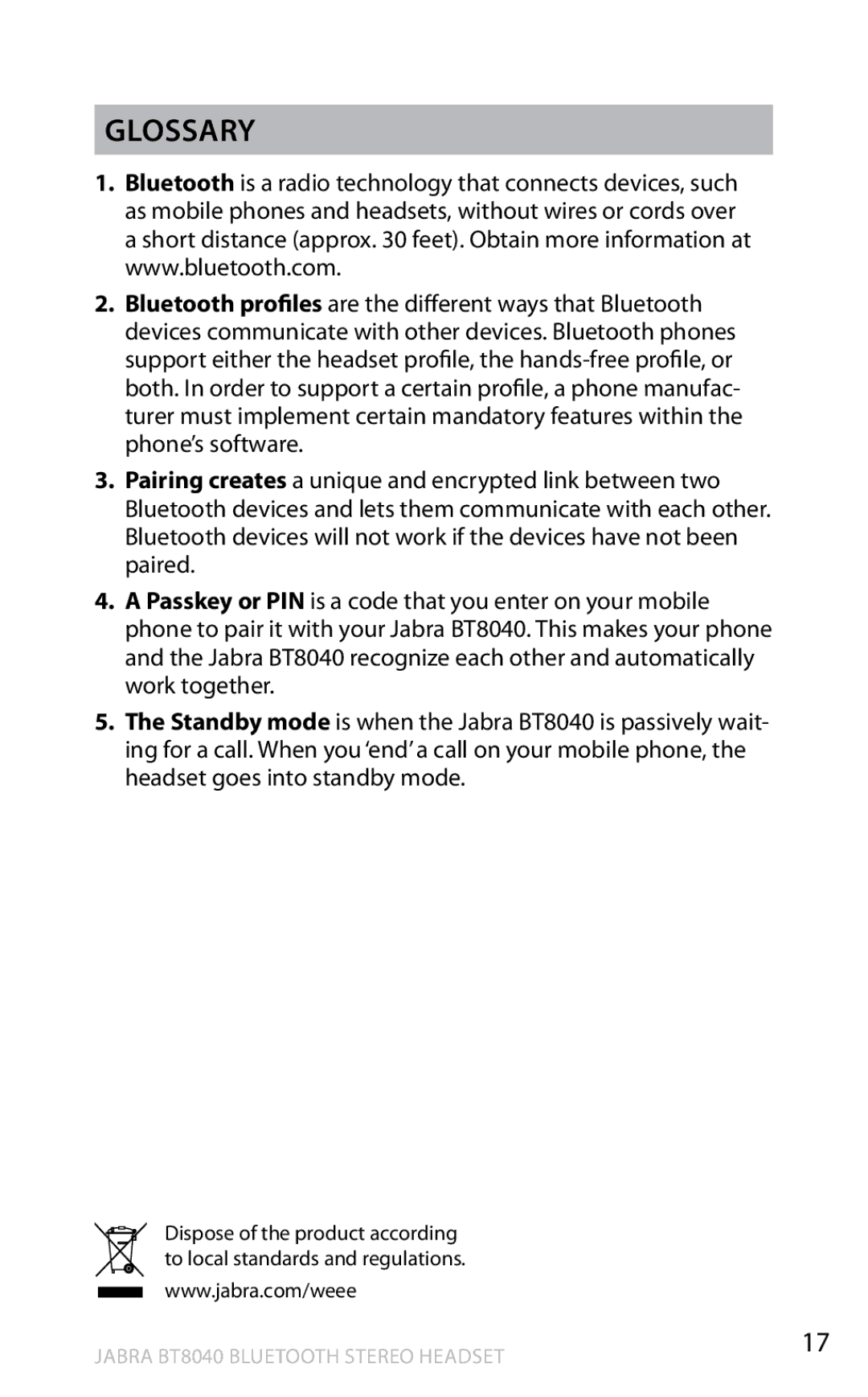 Jabra BT8040 user manual Glossary 