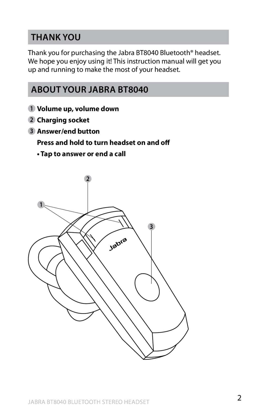 Jabra user manual Thank you About your Jabra BT8040 