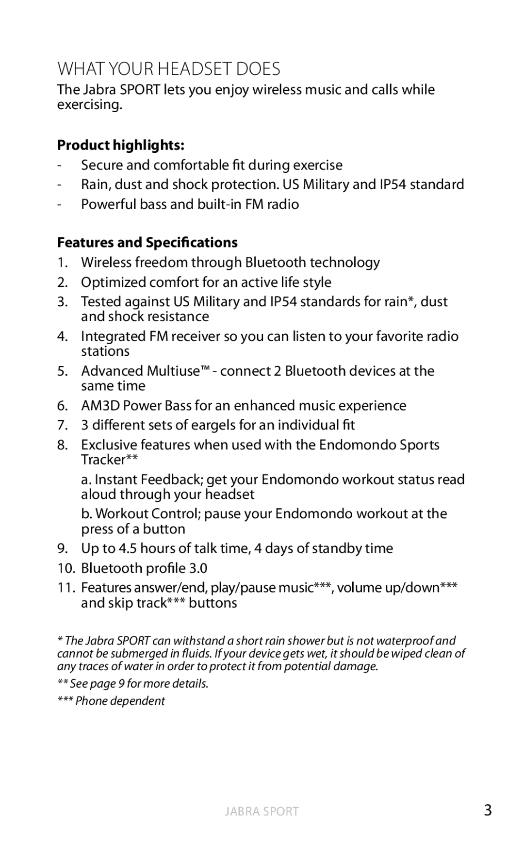 Jabra BTE4 user manual What your headset does, Product highlights, Features and Specifications 