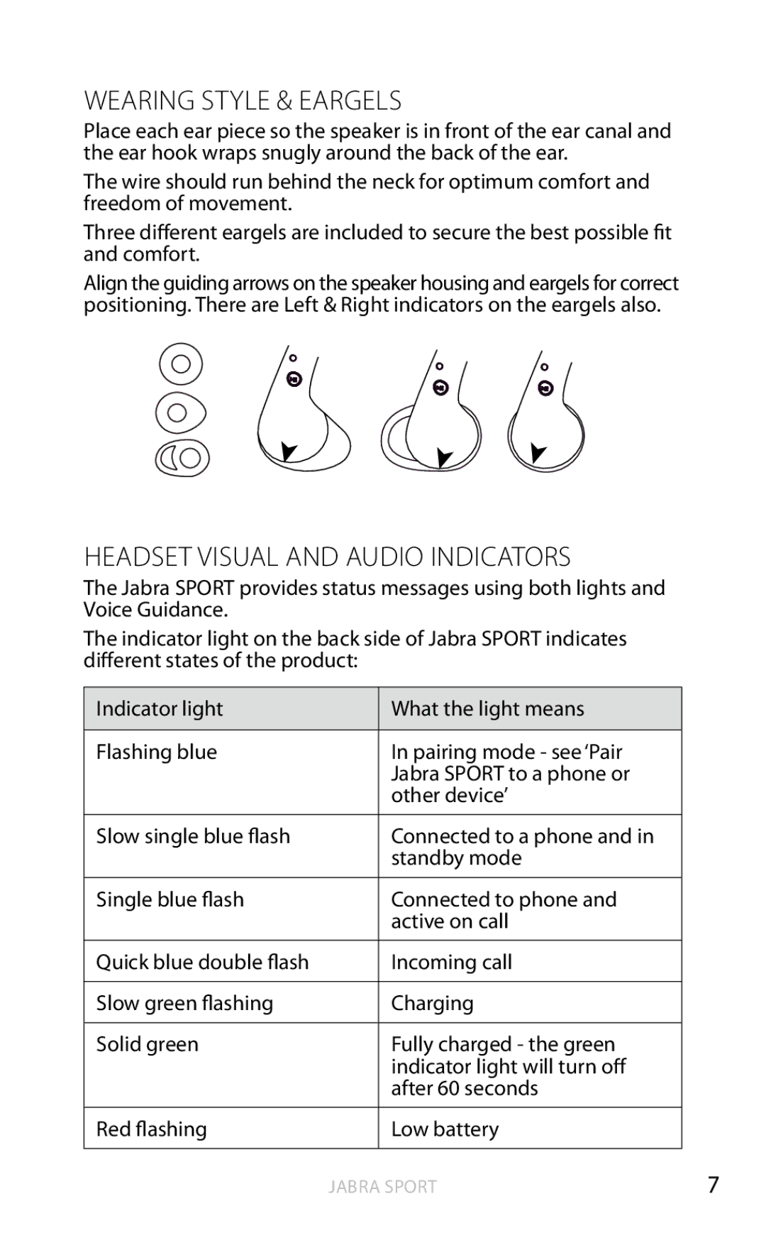 Jabra BTE4 user manual Wearing Style & Eargels, Headset Visual and Audio Indicators 