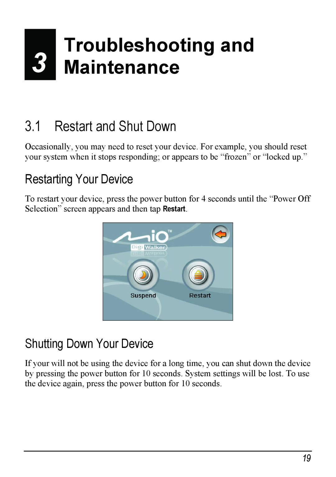 Jabra C220 manual Troubleshooting and Maintenance, Restart and Shut Down, Restarting Your Device, Shutting Down Your Device 