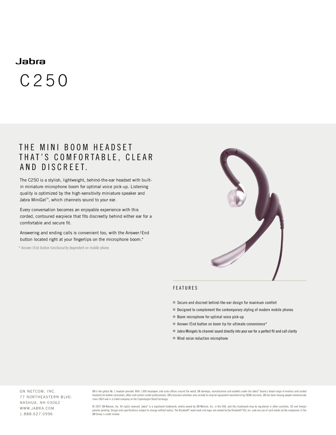 Jabra C250 manual A t u r e s, GN netcom, Inc 888.627.0996 