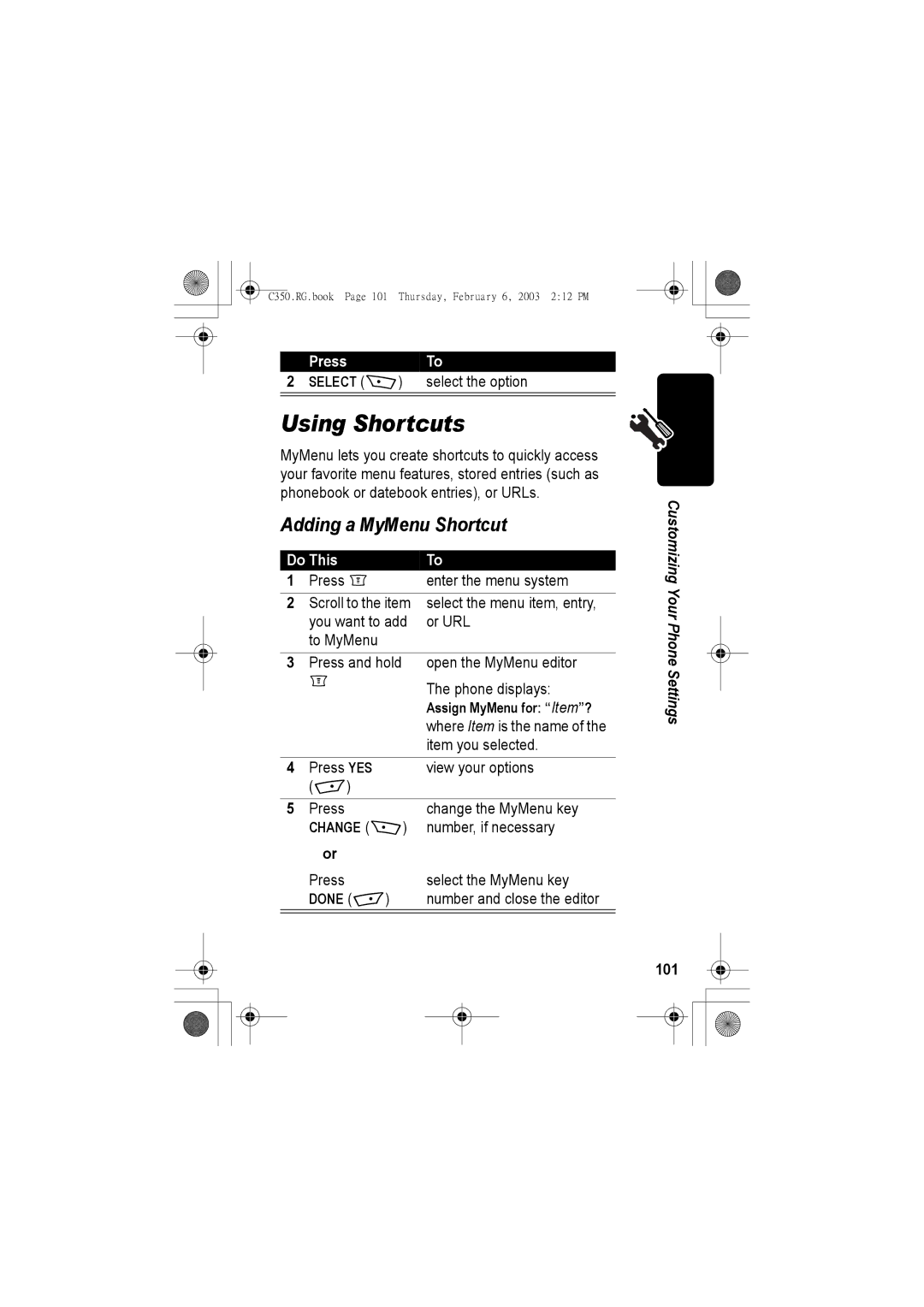 Jabra C350 manual Using Shortcuts, Adding a MyMenu Shortcut, Press Select + Select the option, Assign MyMenu for Item?, 101 