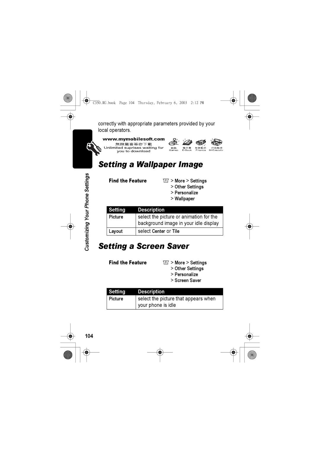 Jabra C350 manual Setting a Wallpaper Image, Setting a Screen Saver, Setting Description 