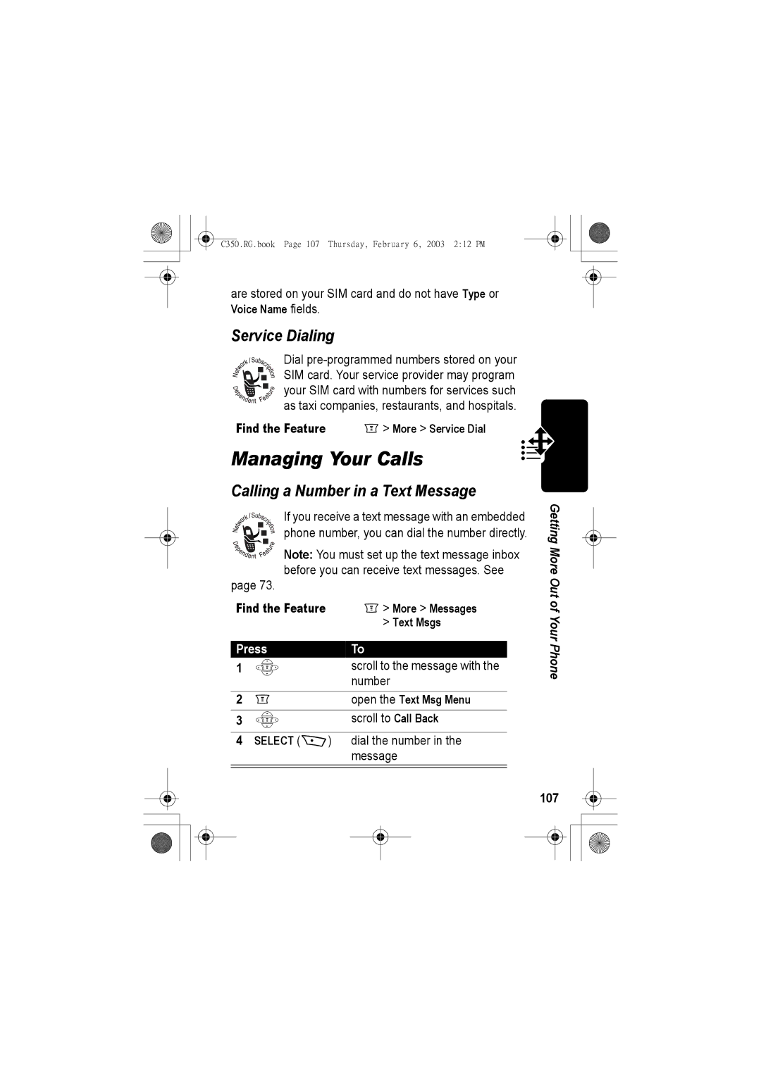 Jabra C350 manual Managing Your Calls, Service Dialing, Calling a Number in a Text Message 