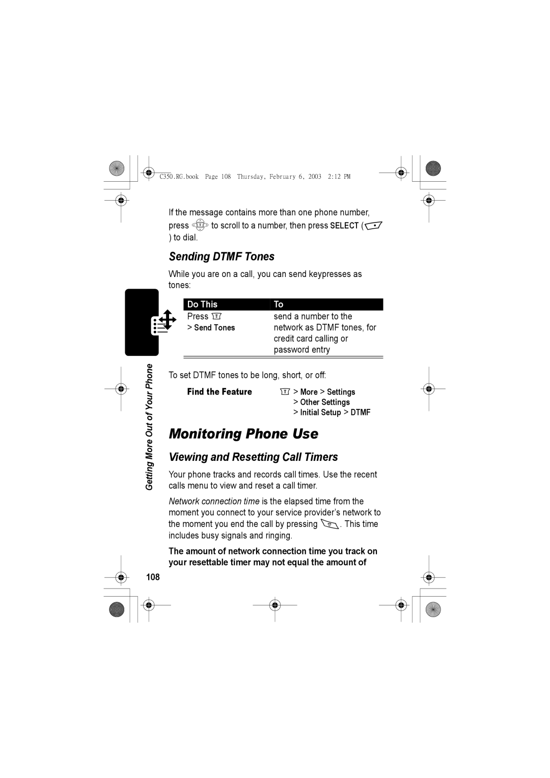 Jabra C350 manual Monitoring Phone Use, Sending Dtmf Tones, Viewing and Resetting Call Timers, 108, Send Tones 