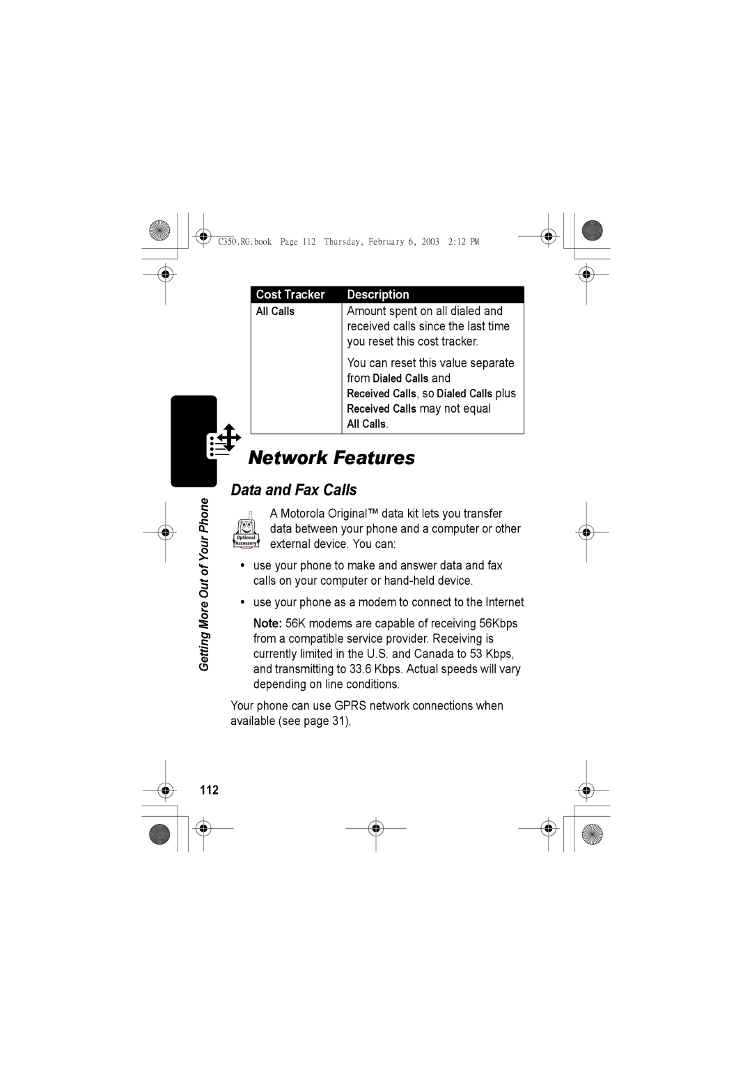 Jabra C350 manual Network Features, Data and Fax Calls, 112, From Dialed Calls, Received Calls may not equal 