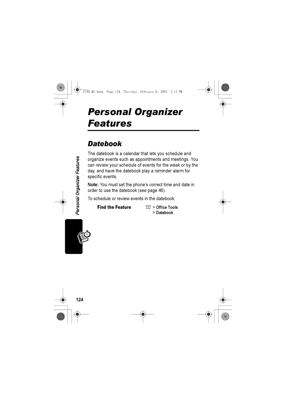 Jabra C350 manual 124, Find the Feature Office Tools Datebook 