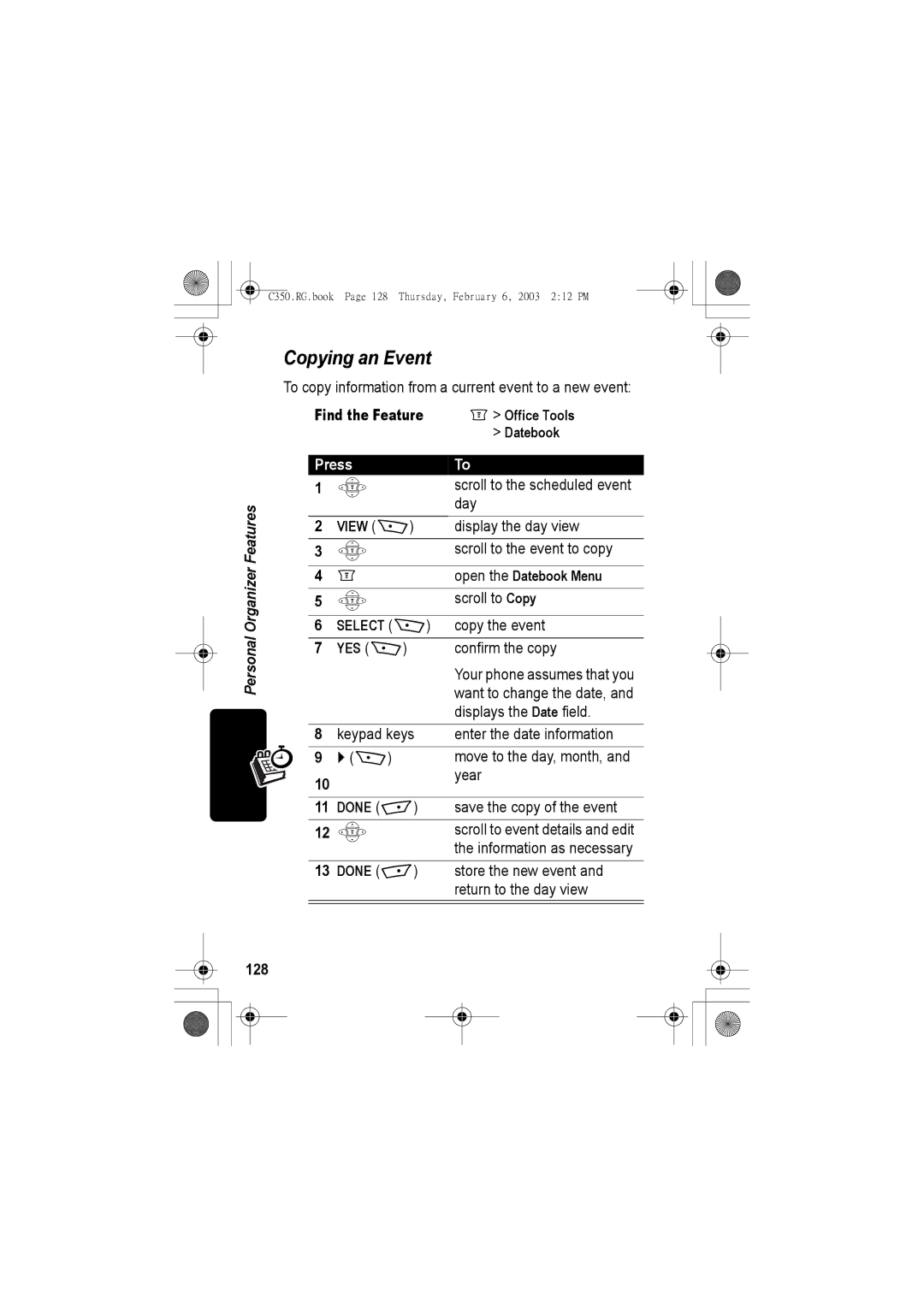 Jabra C350 manual Copying an Event, 128, Open the Datebook Menu, Yes + 