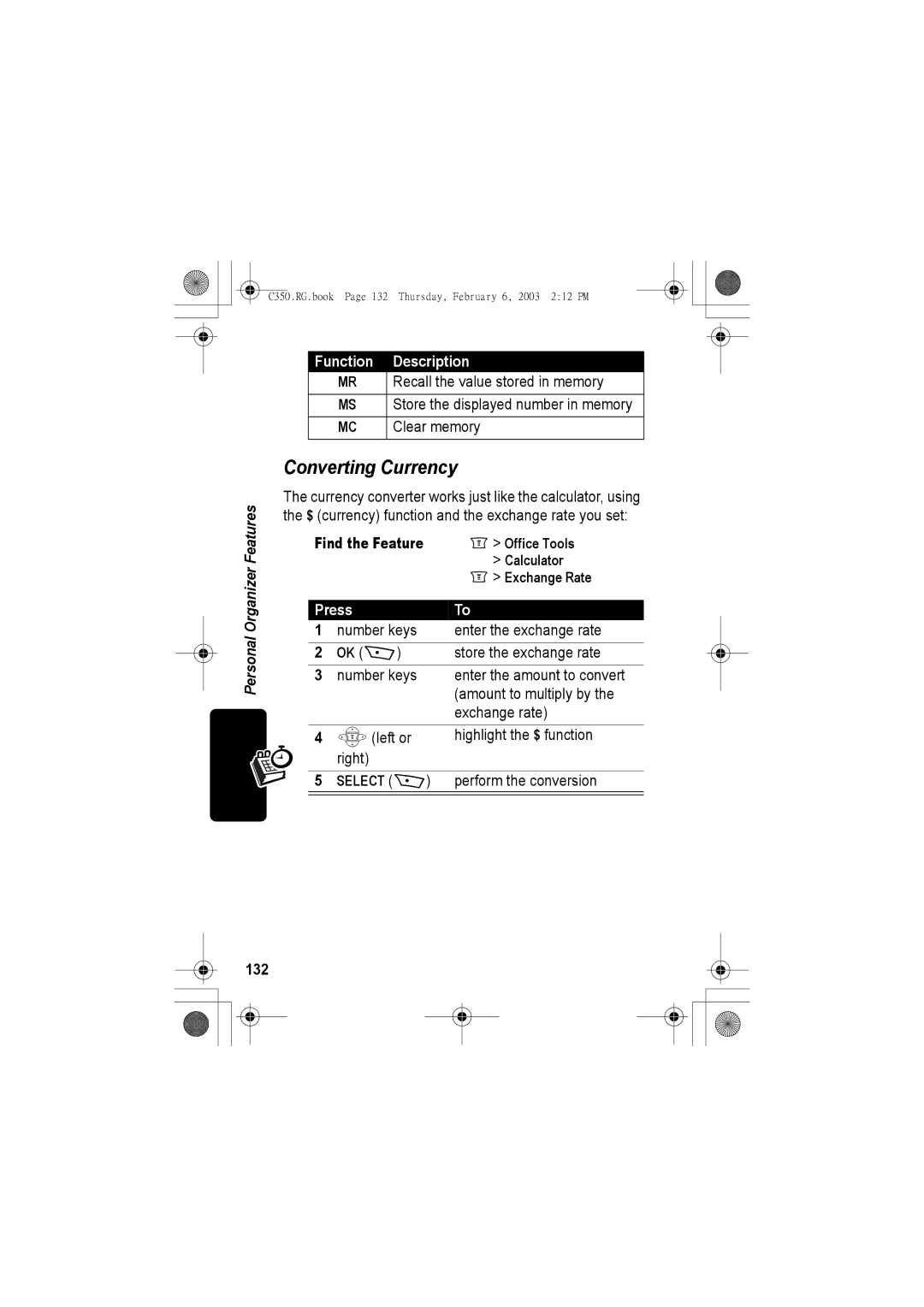 Jabra C350 manual Converting Currency, 132, Recall the value stored in memory, Clear memory 