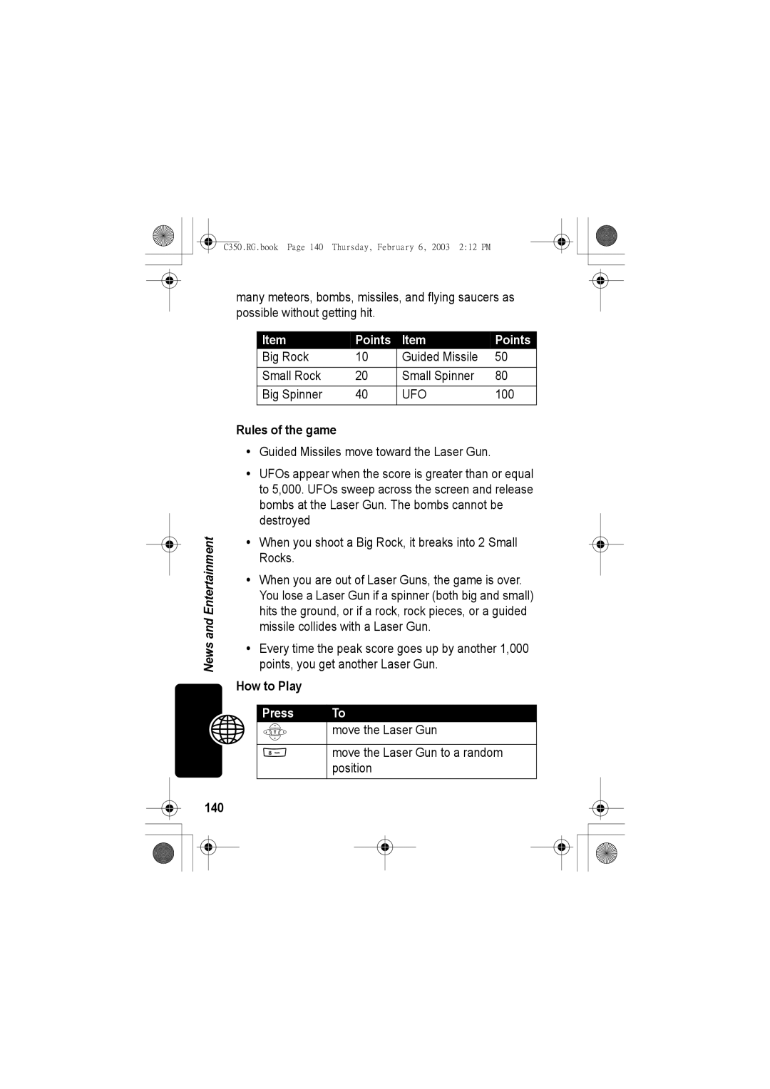 Jabra C350 manual Points, Rules of the game, How to Play, Press Move the Laser Gun, 140 