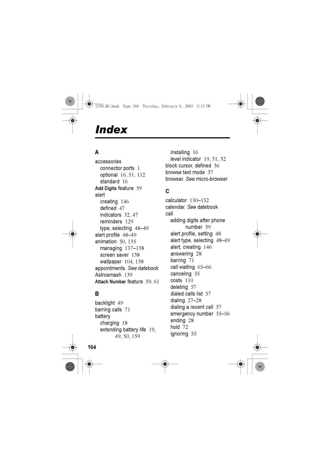 Jabra C350 manual Index, Add Digits feature, Attach Number feature 59, 164 