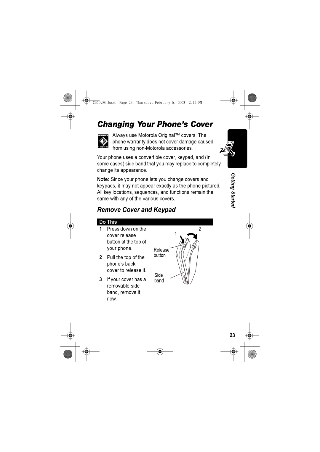 Jabra C350 Changing Your Phone’s Cover, Remove Cover and Keypad, If your cover has a removable side band, remove it now 