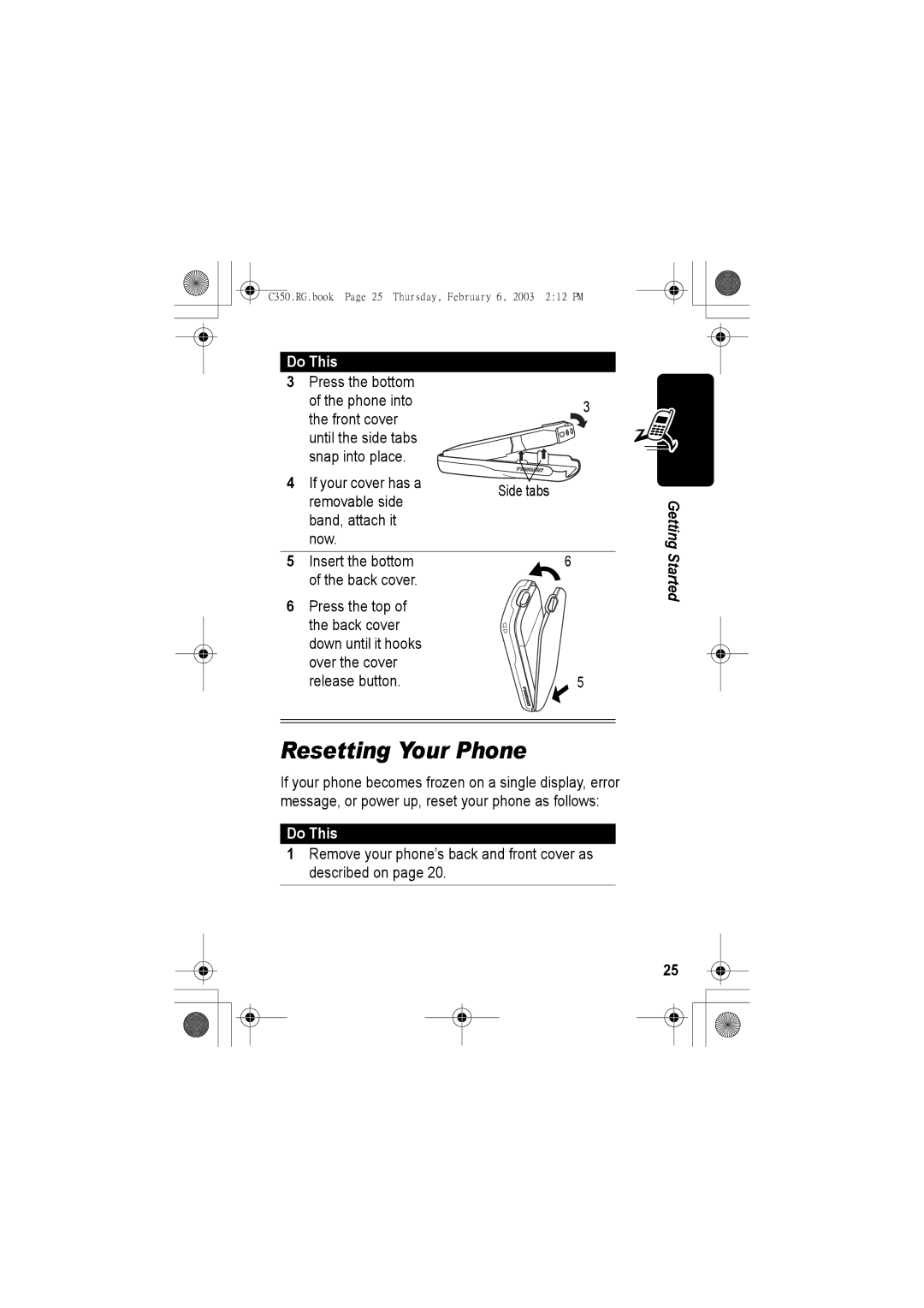 Jabra C350 manual Resetting Your Phone, Removable side, Remove your phone’s back and front cover as described on 