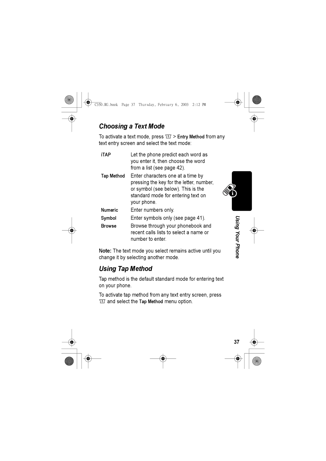 Jabra C350 manual Choosing a Text Mode, Using Tap Method 